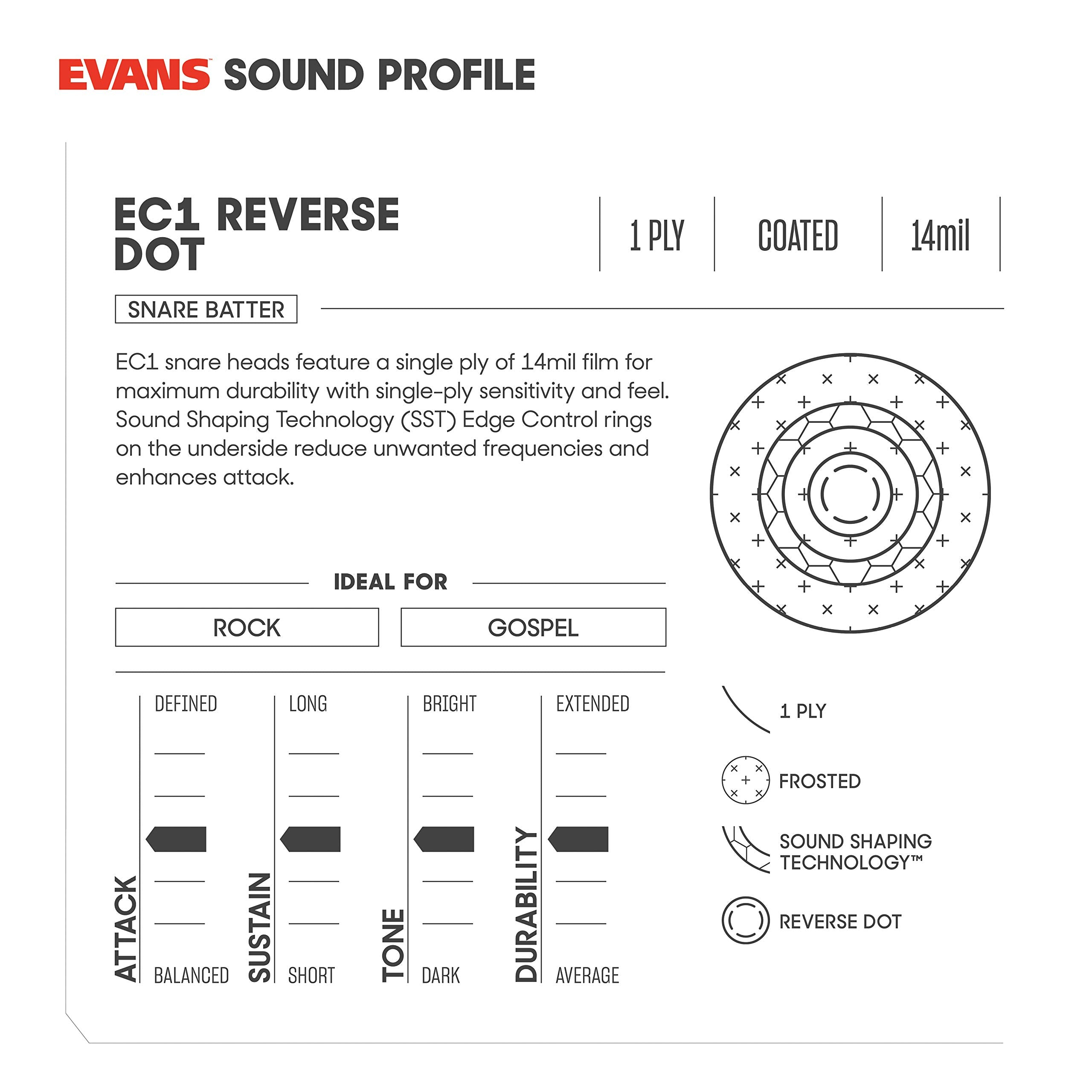 Evans Ec Reverse Dot Snare Drum Head   14 Snare Drum Head   Featuring Reverse Dot For Durability, Focus, Attack   Coated With 2
